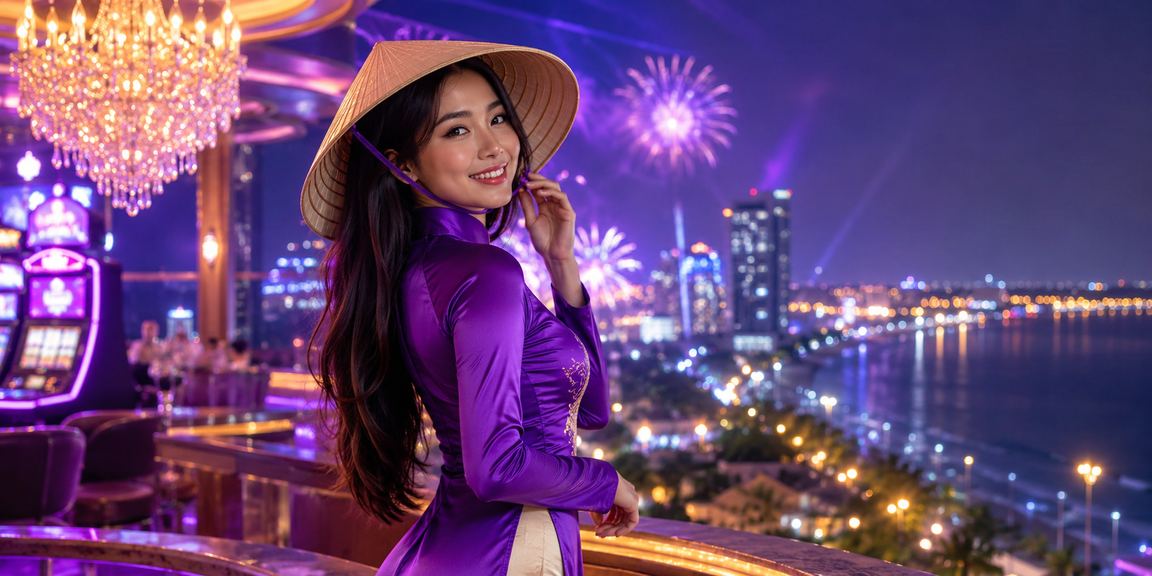 Người chơi slot game đội nón lá tại Vũng Tàu bên bờ biển